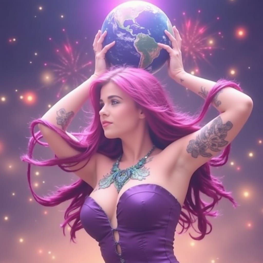 Elegant Goddess of the New Year with Vibrant Aura and Firewo...