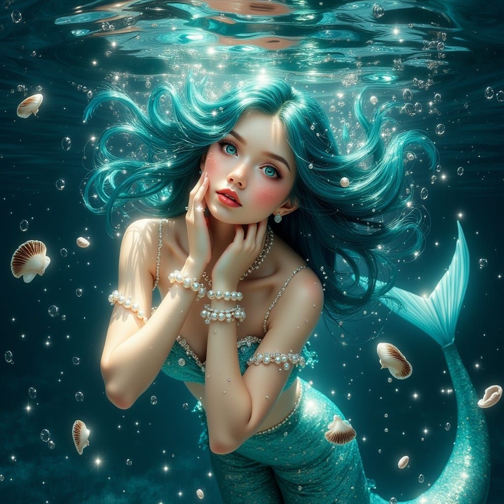 Turquoise-Haired Mermaid in Art Nouveau Style