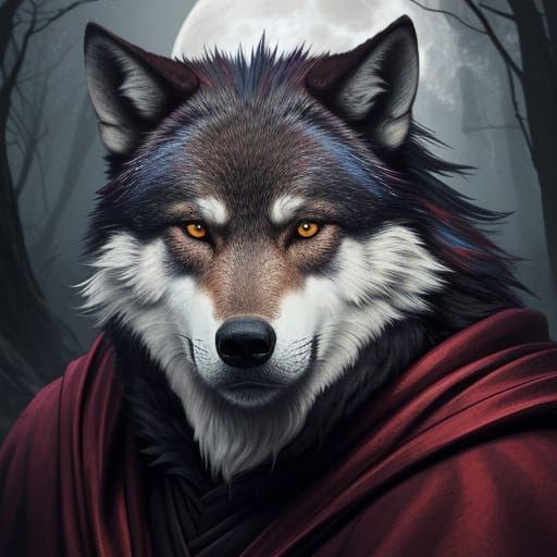 Mystical Moonlit Scene with Elderly Man and Wolf