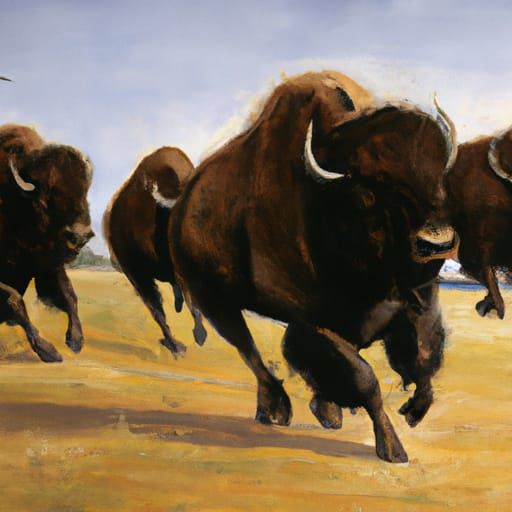Buffalo Herd on Prairie, in Oil Painting Style