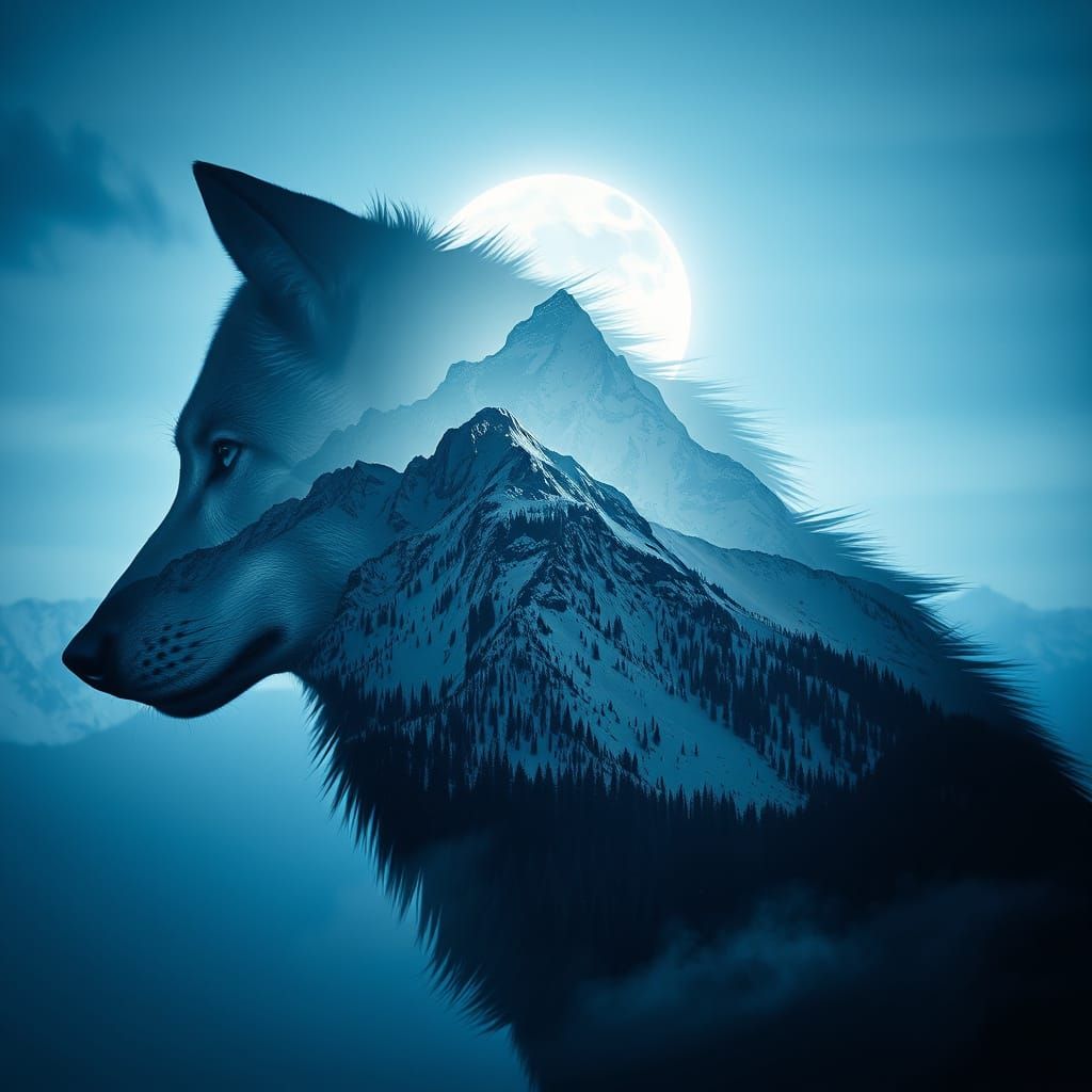 Wolf Silhouette with Snowy Mountains, Cinematic Lighting