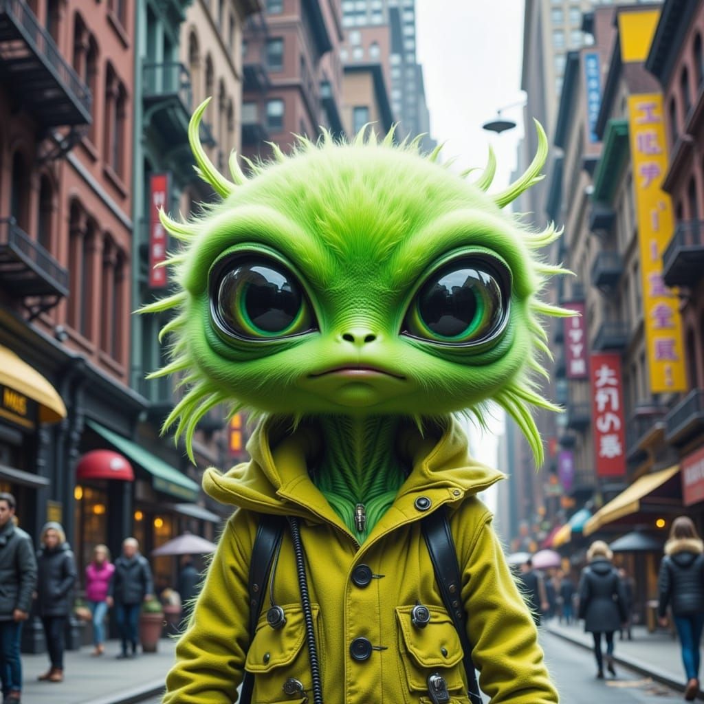 Fluffy Alien Strolls Through New York City in a Sunny Day Sc...