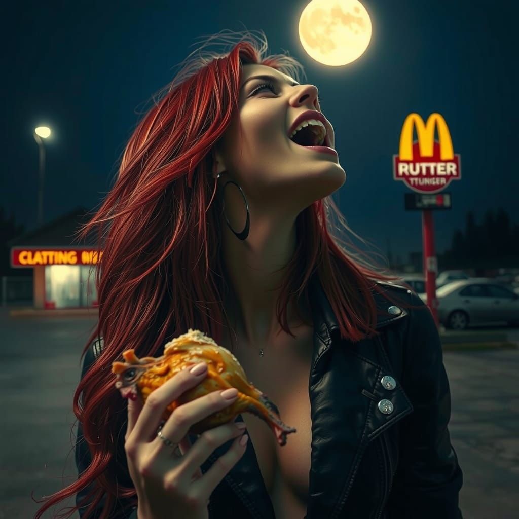 Red-Haired Werewolf Goddess Devours Chicken Under Moonlit Pa...