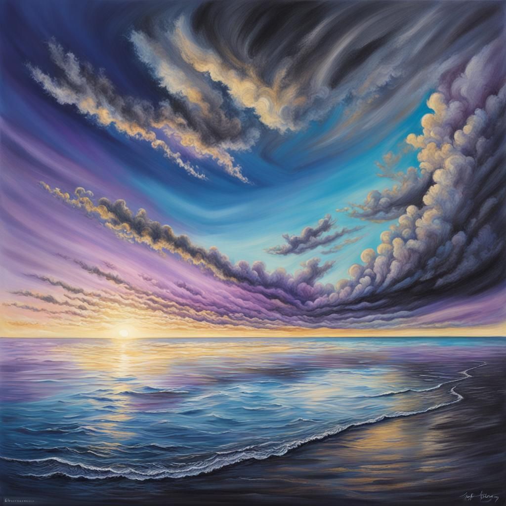 Serene Seaside Charcoal Drawing in Azure and Purple