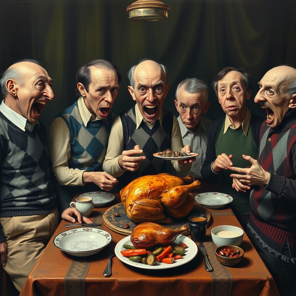 Surreal Feast: Dark Humor Oil Painting of Awkward Family Gat...