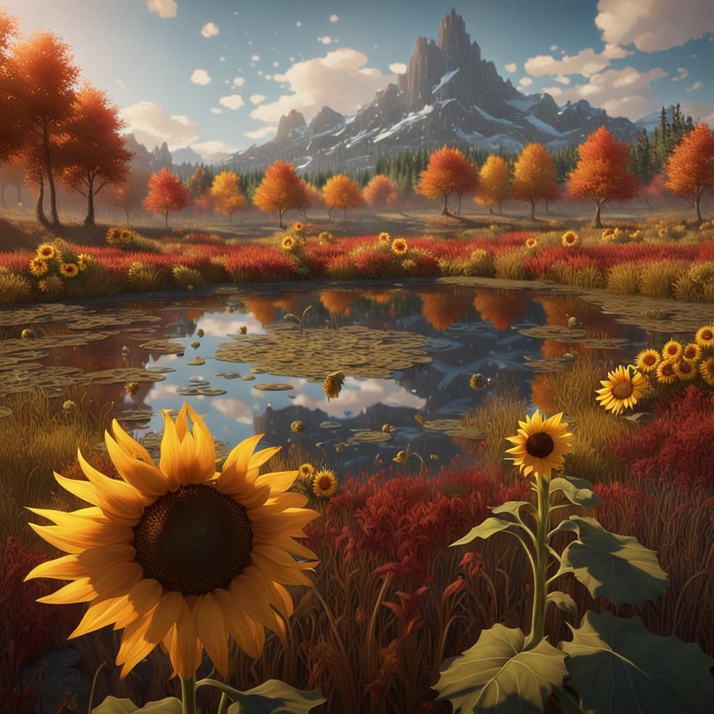 Autumn Meadow: Sunflowers and Pond in Fantasy Art