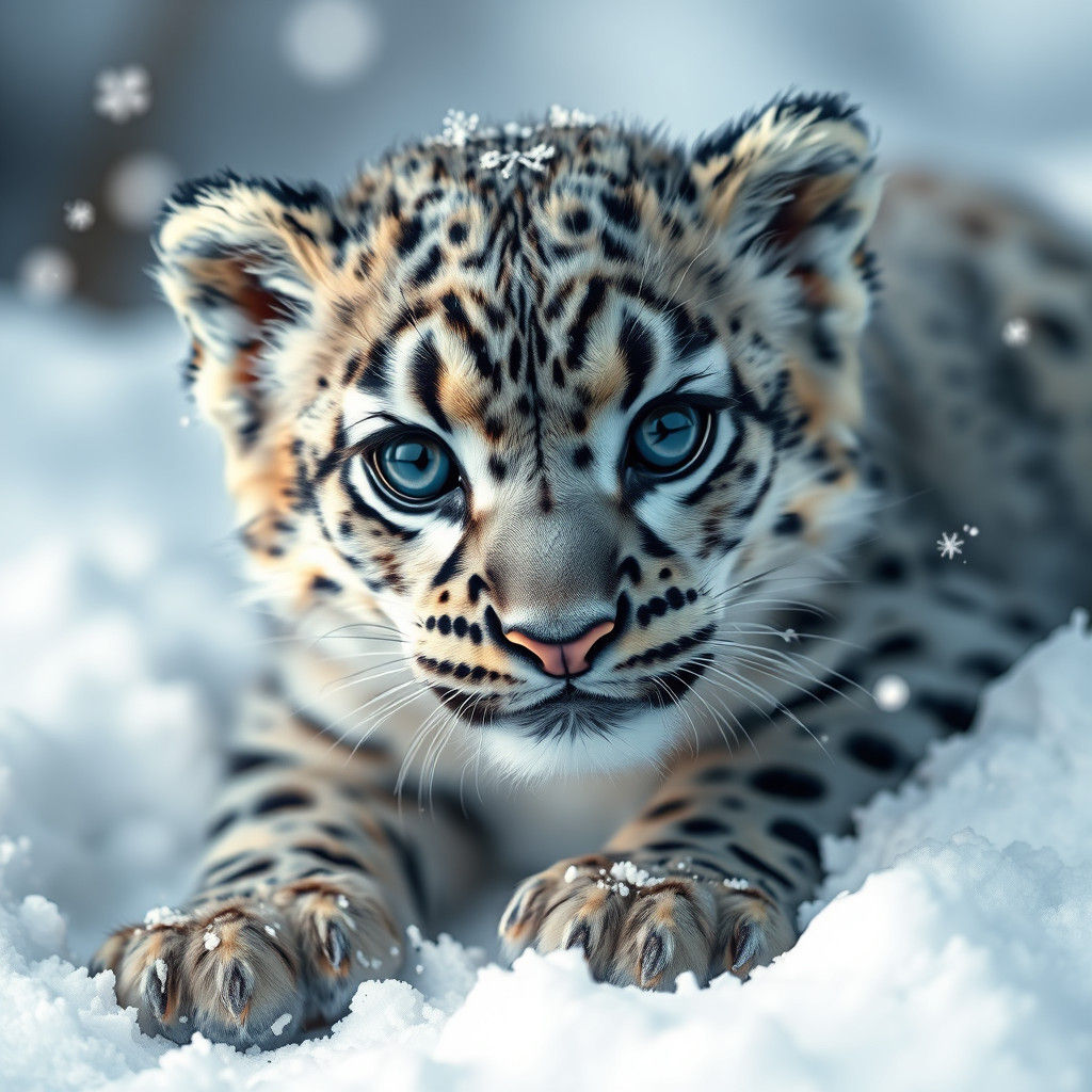 Adorable Snow Leopard Cub in Winter Wonderland