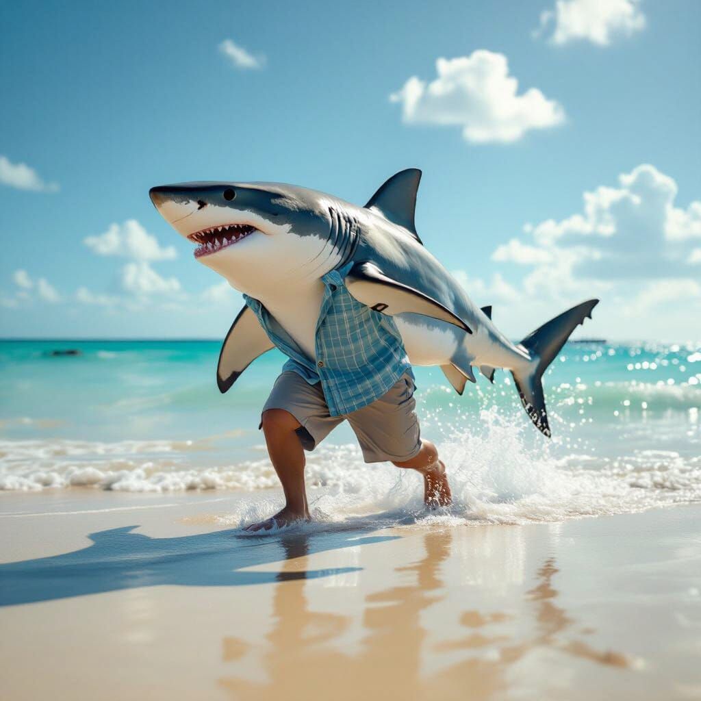 Photorealistic Shark Walking on a Sunny Beach