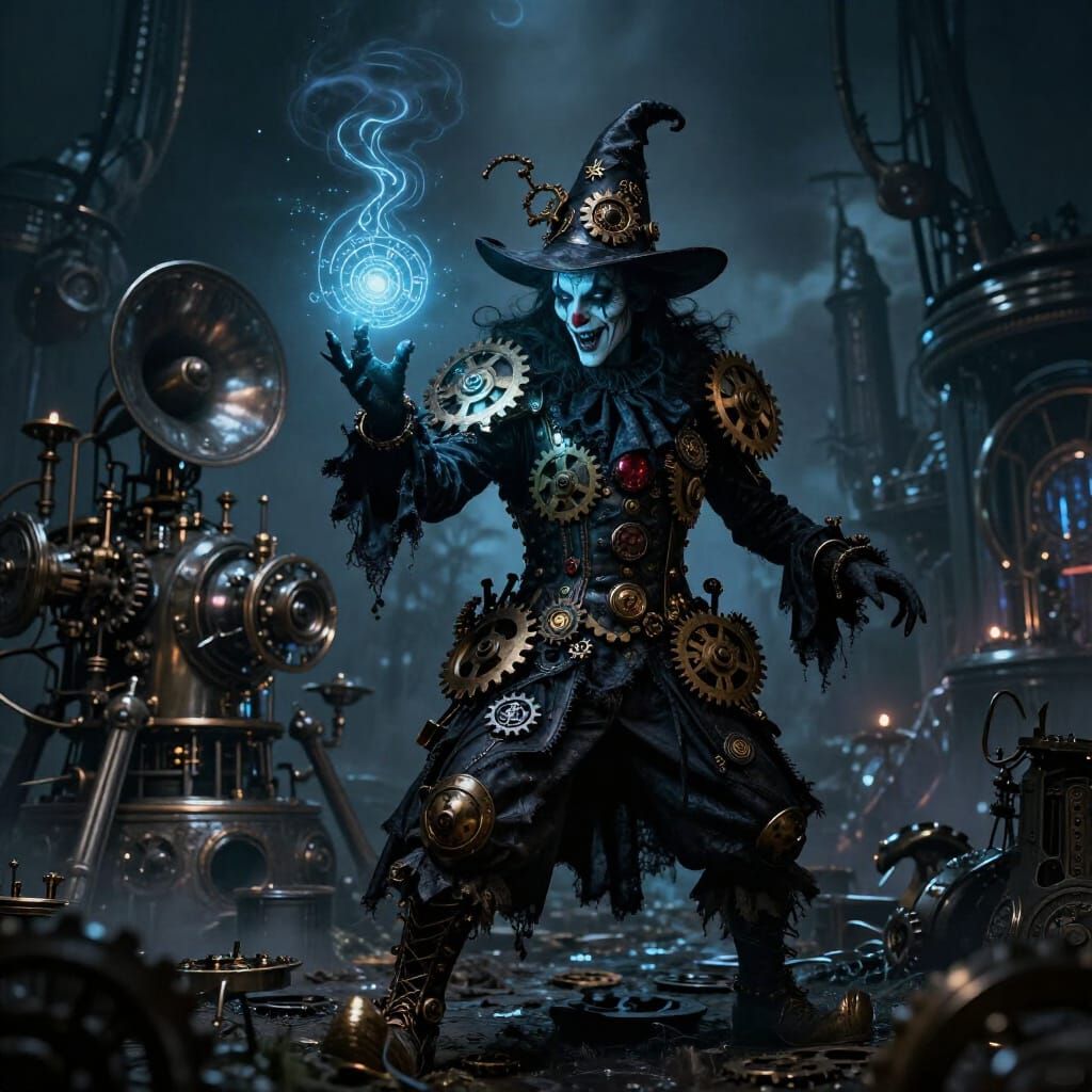 Steampunk Clown Wizard Casting Spell in Surreal Fantasy