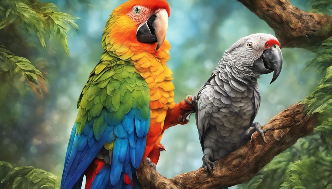 Realistic Forest Scene: Parrot and Cat Friendship