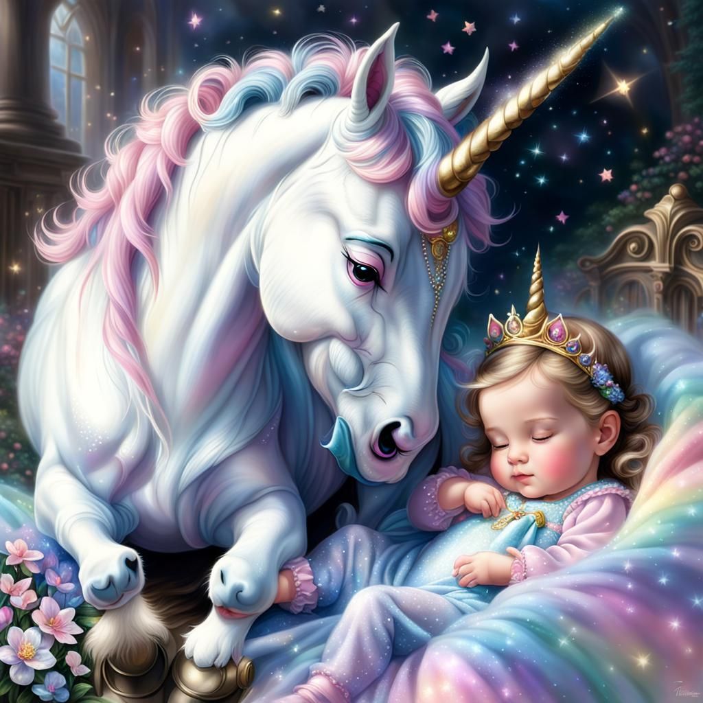 Baby Princess and Magical Unicorn in Ethereal Style