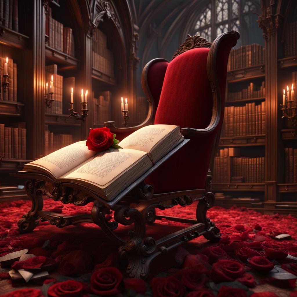 Romantic Gothic Library with Red Rose