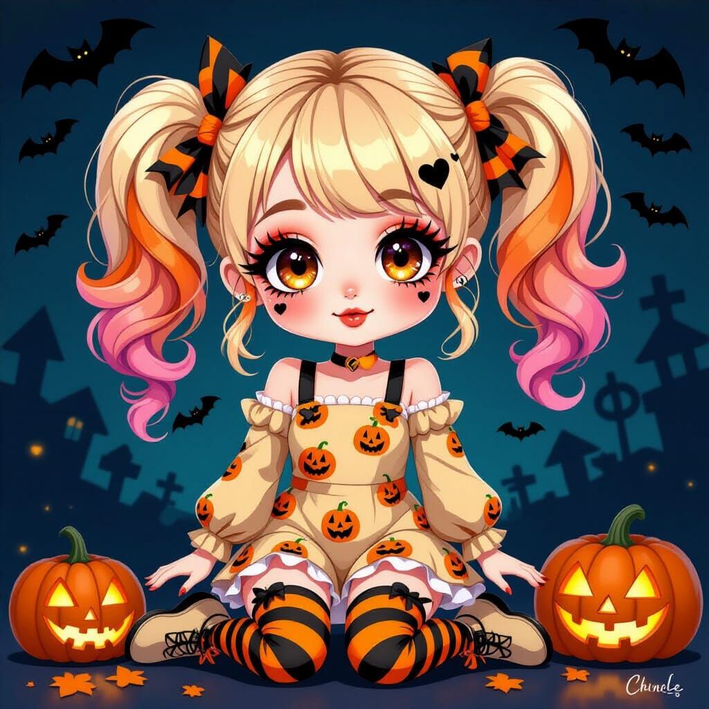 Adorable Chibi Girl in Halloween Attire with Pumpkin Details