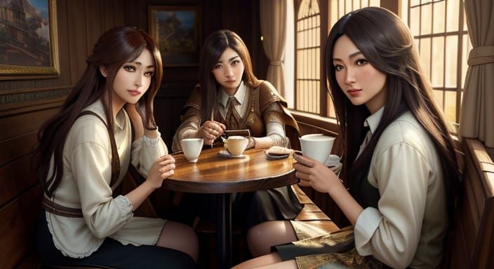 Fantasy Cafe Scene with Three Women in Swimsuits, Soft Light...