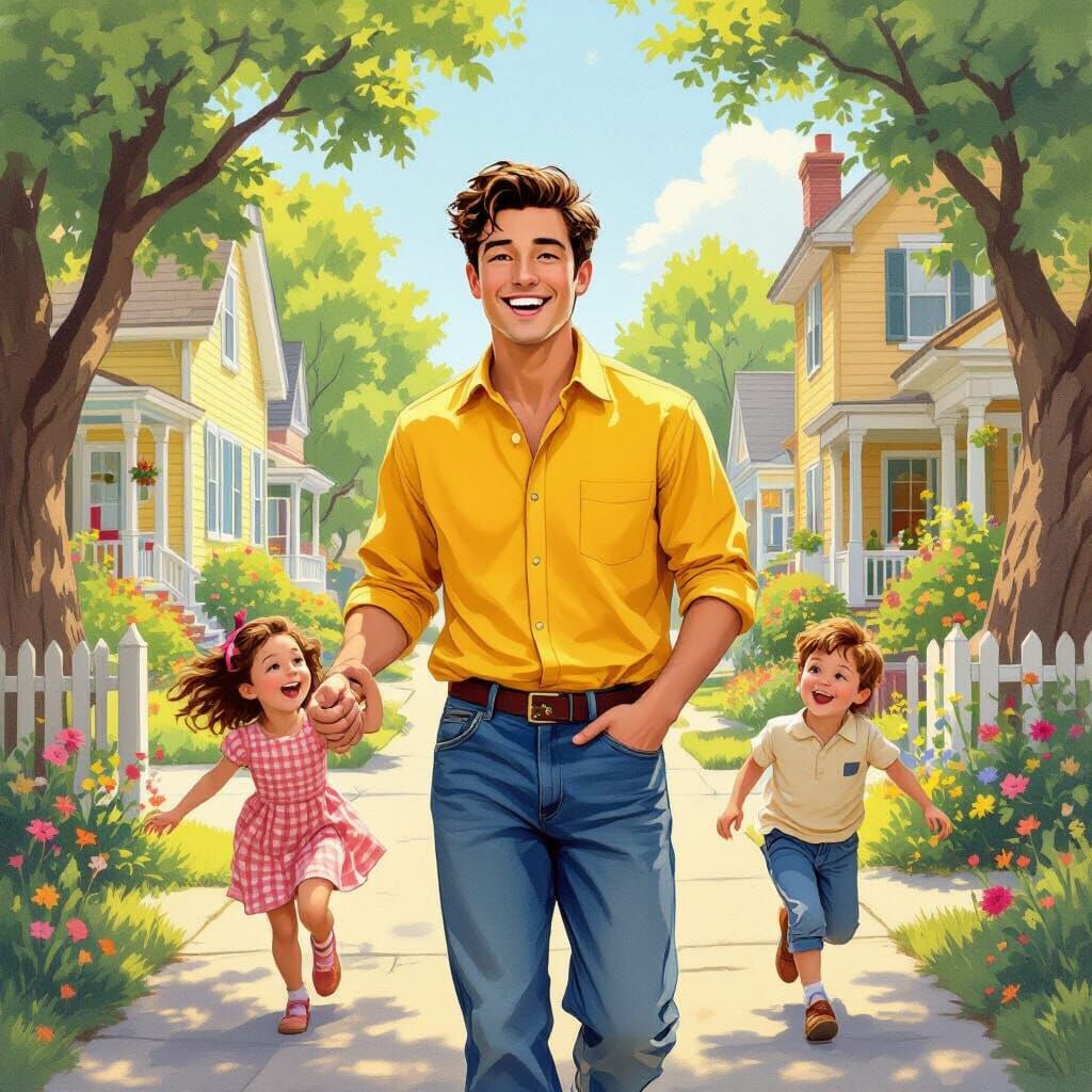 Cheerful Young Man Greeting Neighbors, Rockwell Style