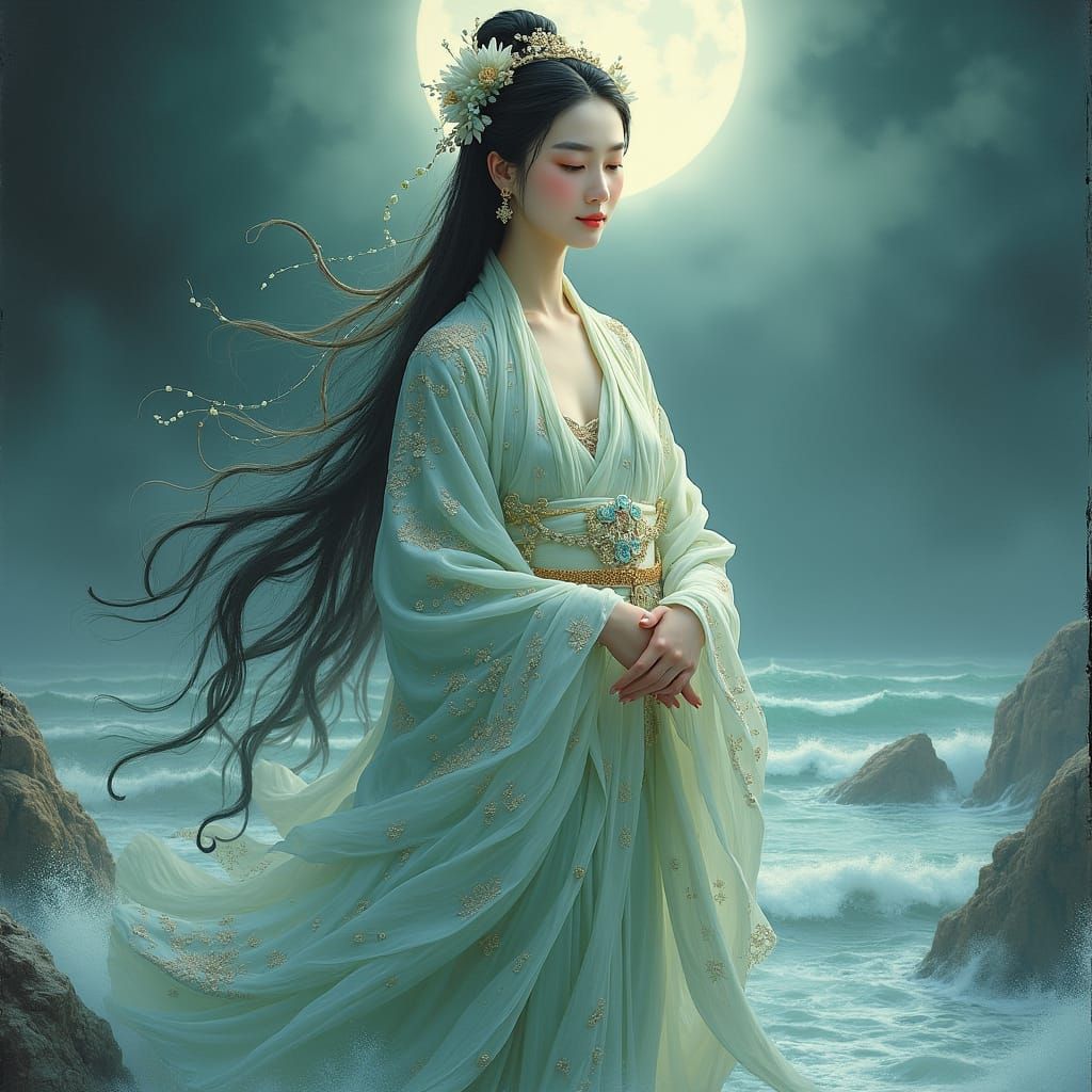 Quan Yin: Goddess of Compassion in Moonlit Waters