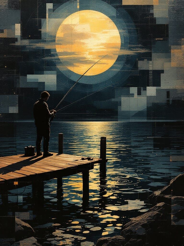 Dramatic Moonlit Lake Scene in Constructivist Collage Style