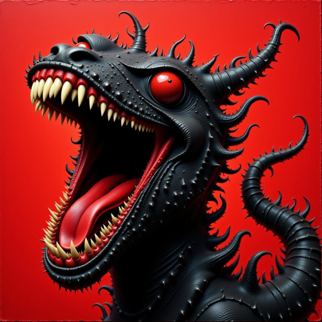 Carnivorous Creature Laughs in Surreal Pop Art Style