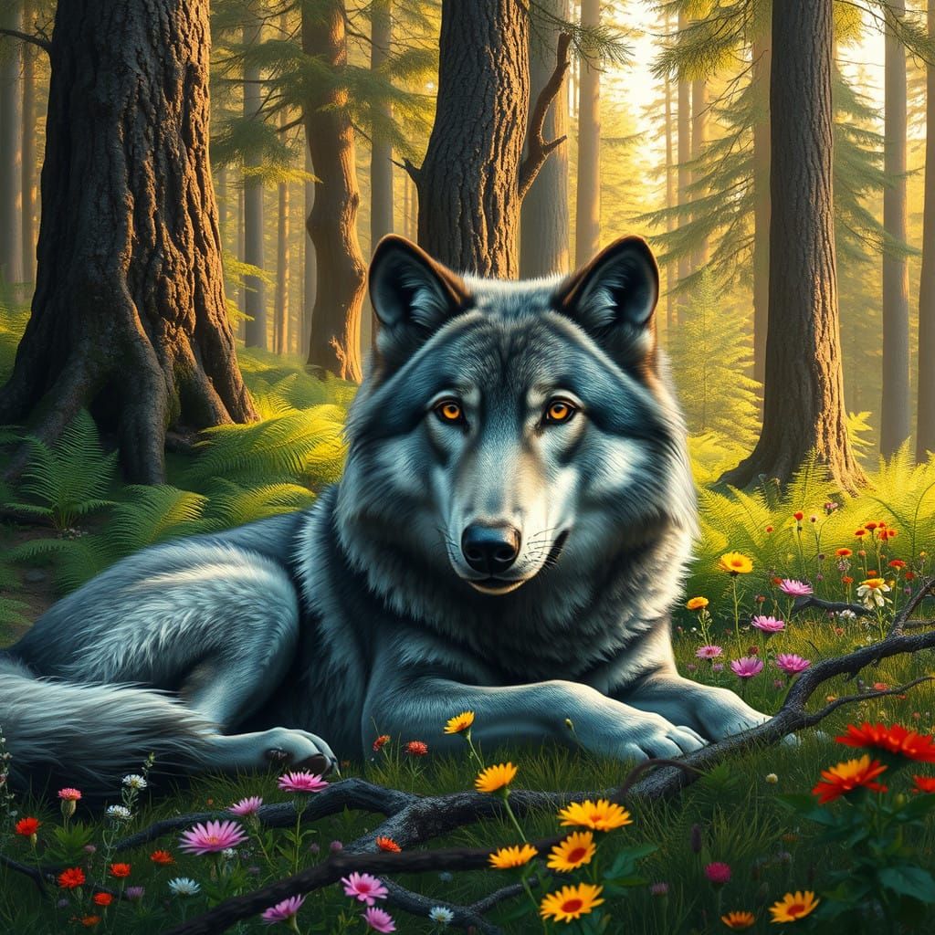 Majestic Gray Wolf in Sunlit Forest