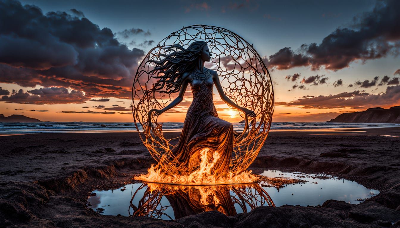 Surreal Collage of Mythological Woman Amidst Sunset