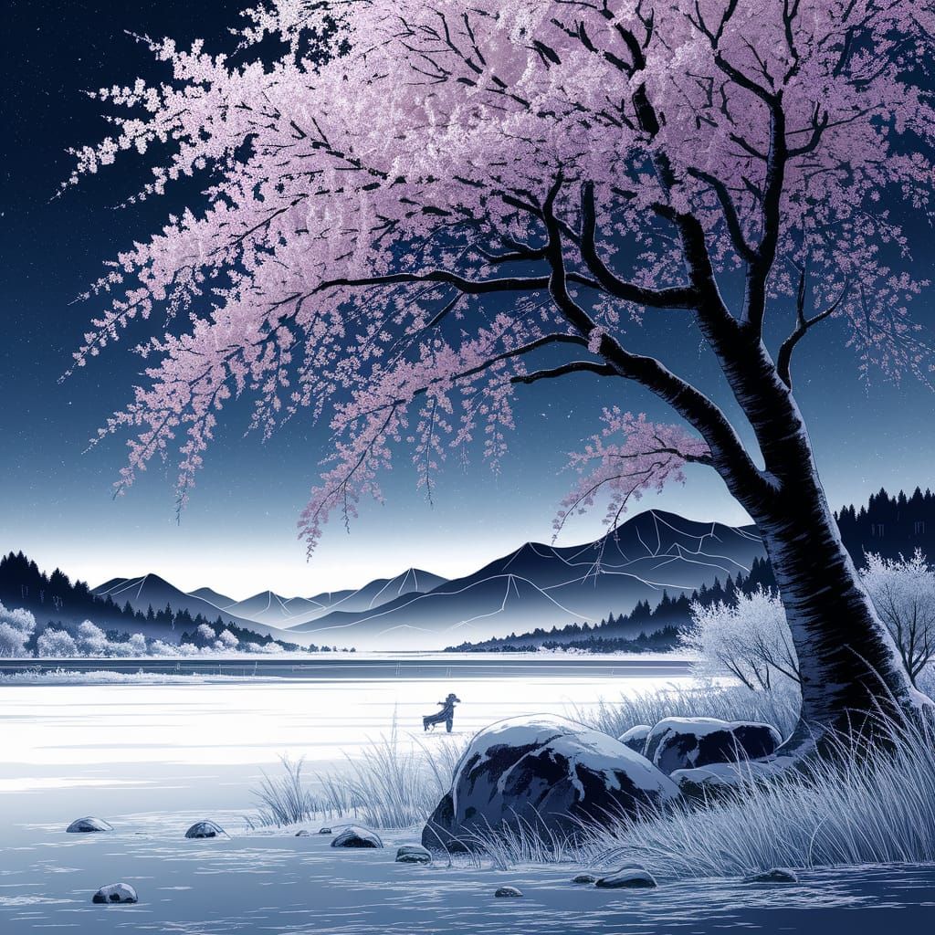 Sad Cherry Blossoms on Cold Spring Night in Yamato-e Style