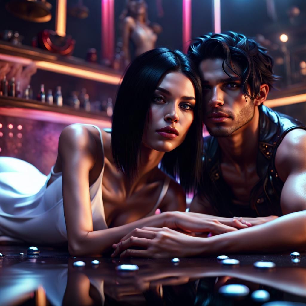 Nightclub Scene with Woman in White Dress