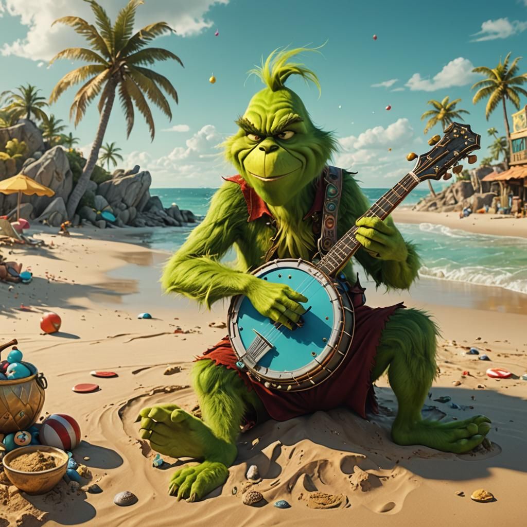 Grinch Plays Banjo on Vibrant Beach