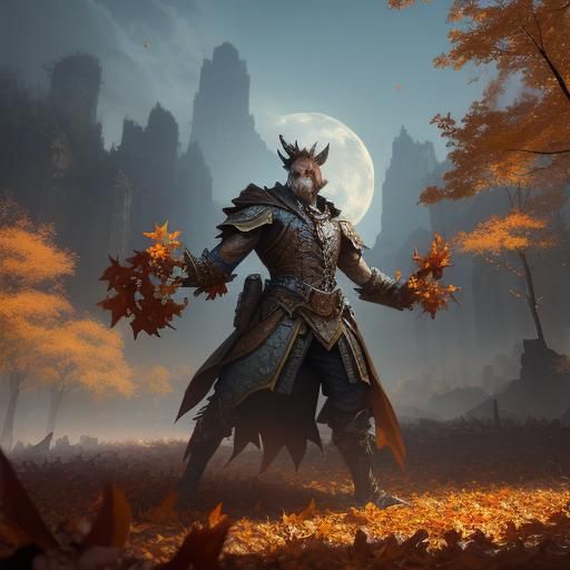 Autumnal Hunter Amidst Falling Leaves: 3D Game Art