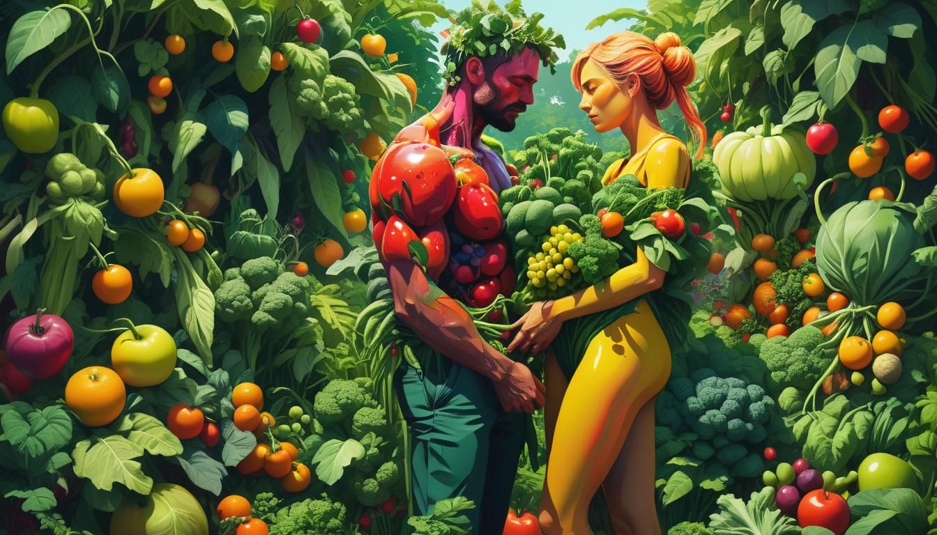 Vegetable Man and Fruit Woman Embrace: Pop Art Print