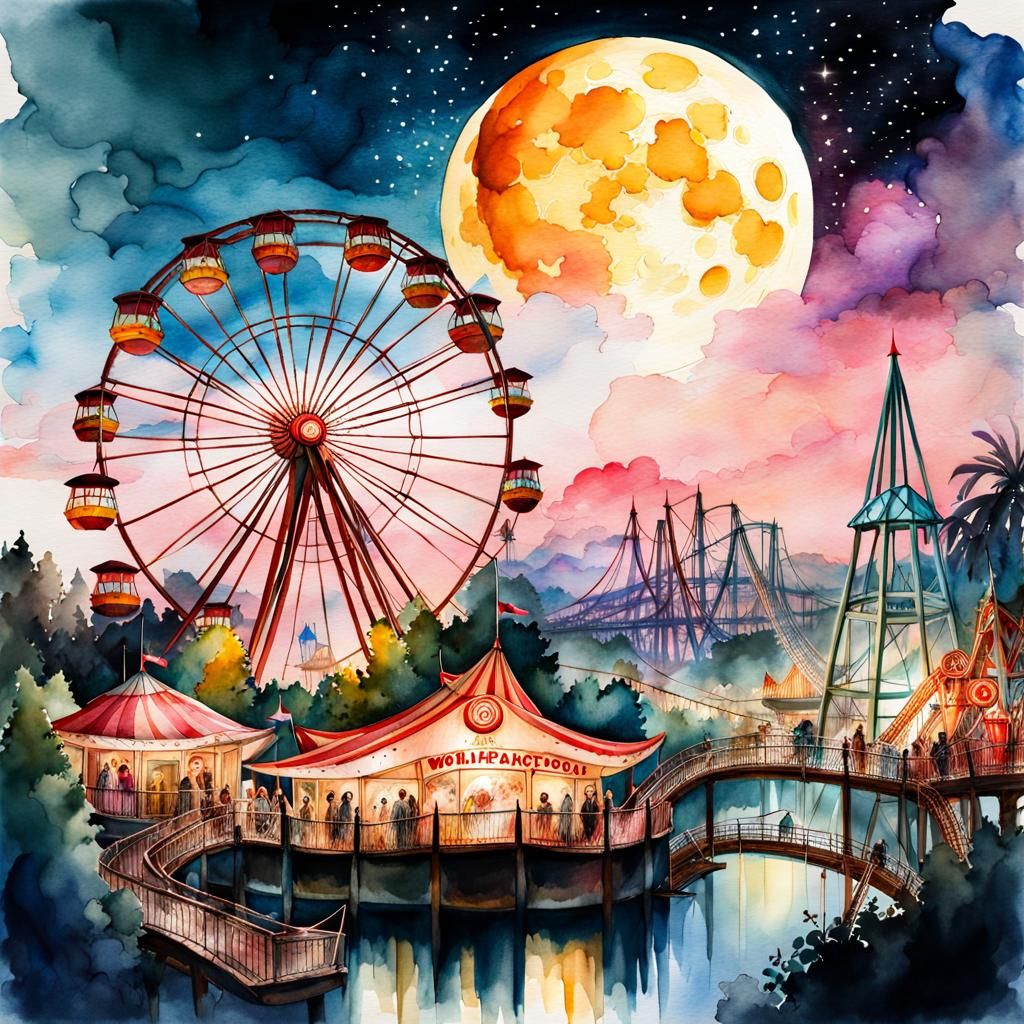 Fantasy Amusement Park: Digital Watercolor Illustration
