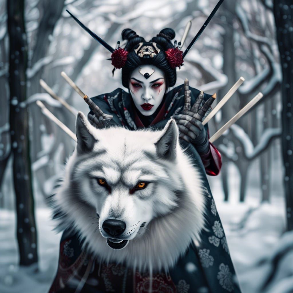 Sinister Geisha Wolf Queen in Winter Forest