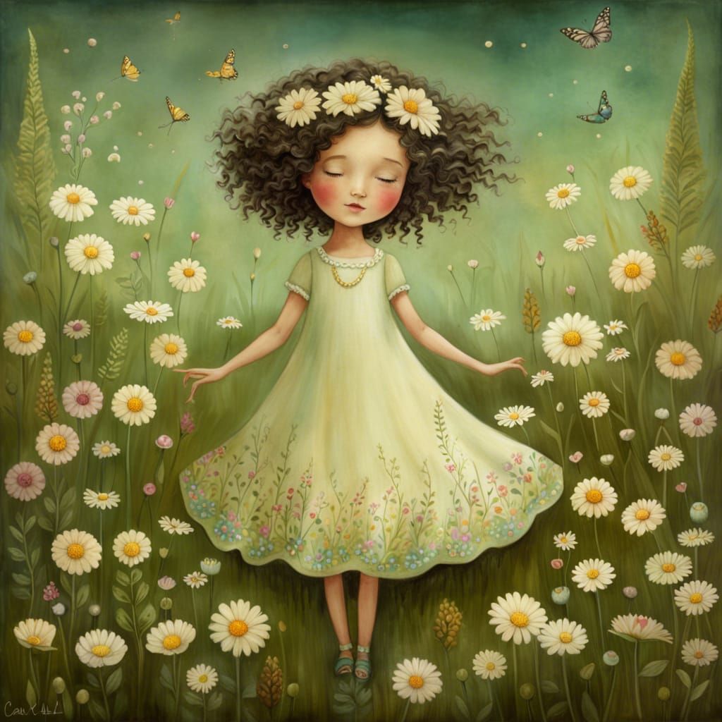 Little Girl Dancing in a Flower Meadow Illustration