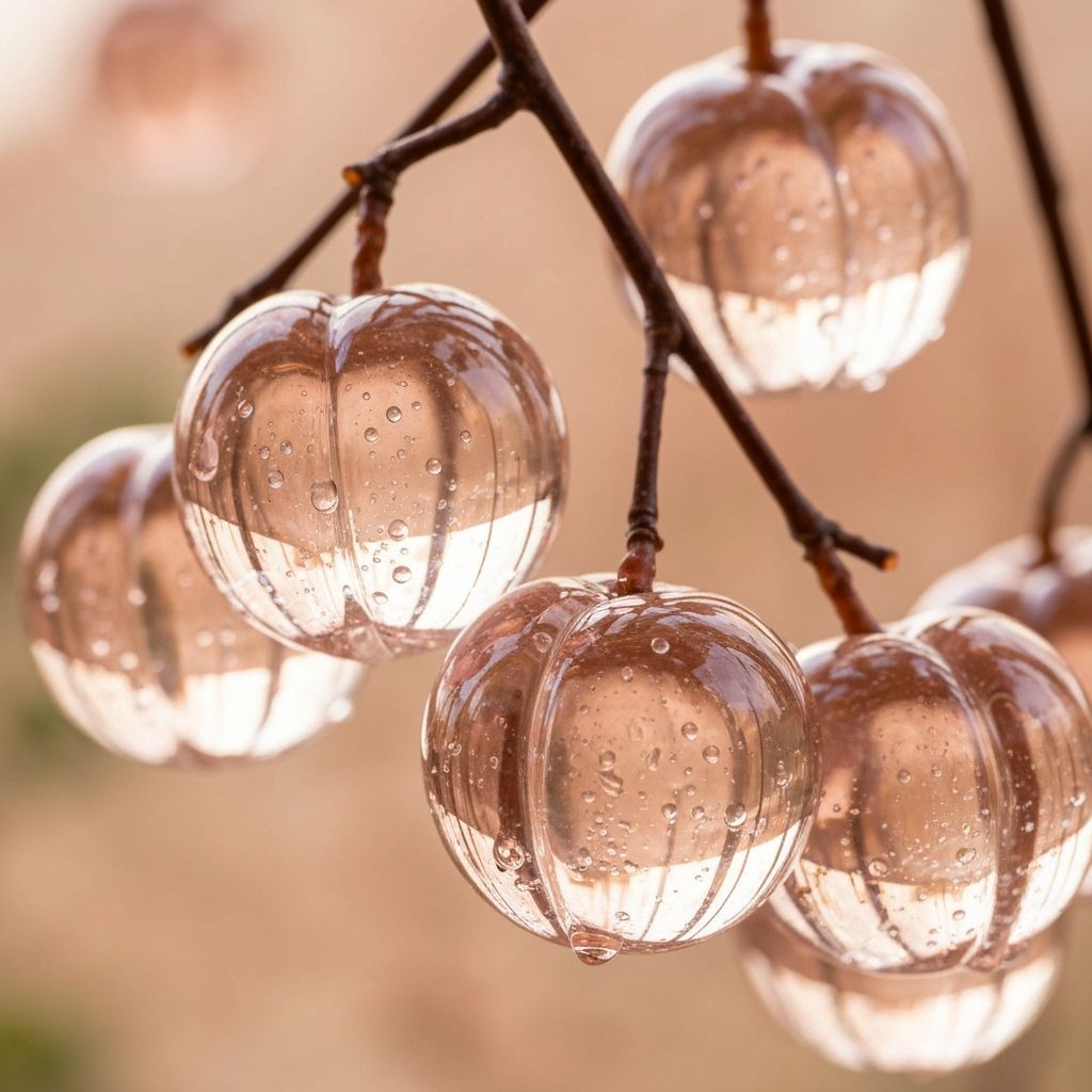 Glass Peaches on Branches: Macro Photorealistic Detail