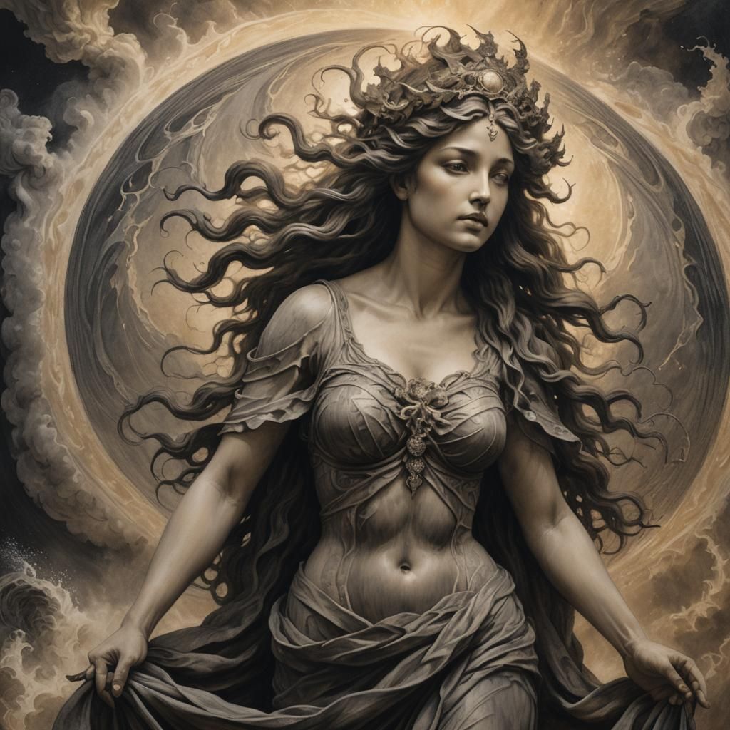 Gaia Oversees Planet Creation: Hyperrealistic Charcoal Drawi...