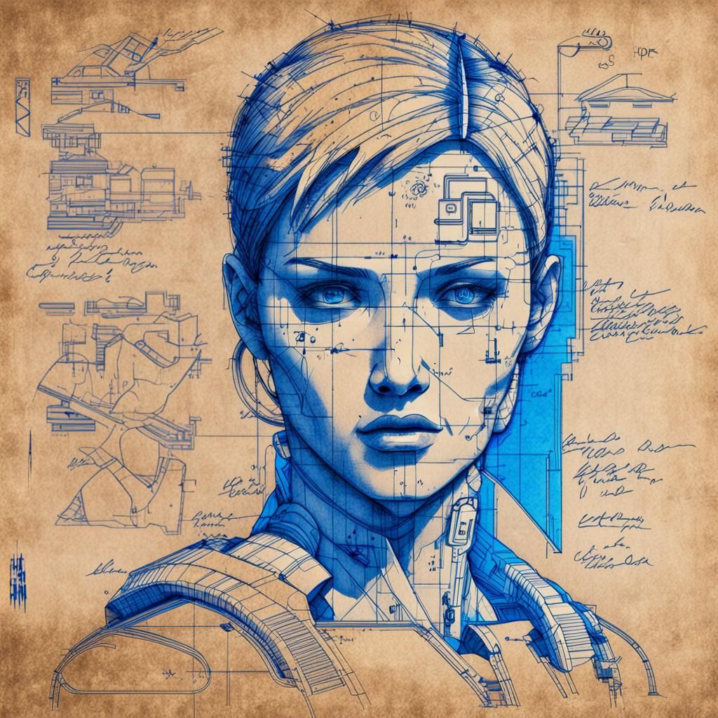 Blueprint Sketch of Humanoid Woman in Cyberpunk Style