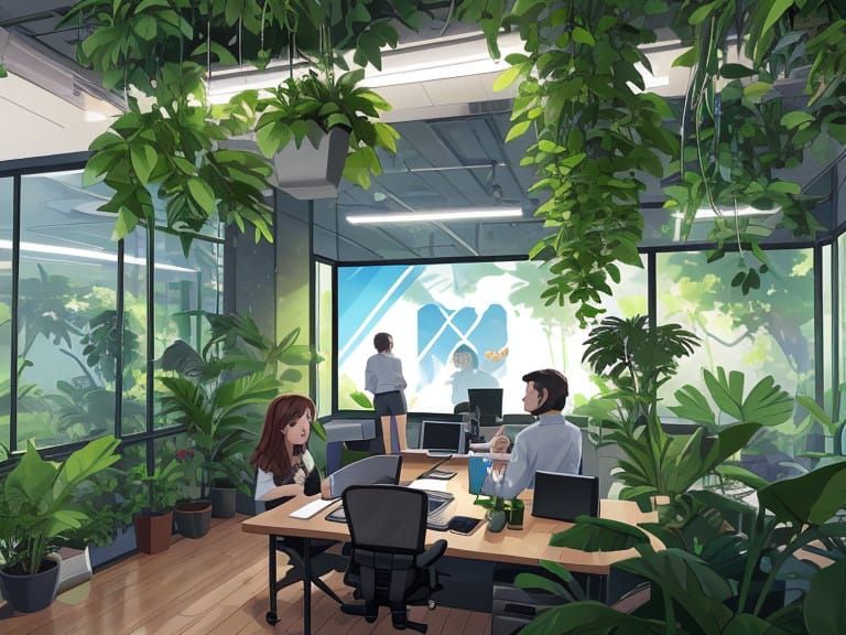 Sleek Futuristic Office Filled with Plants and High-Tech Dis...