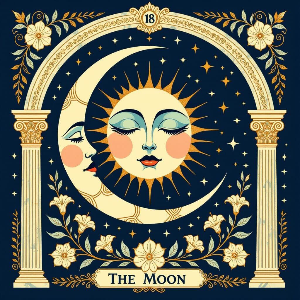 The Moon Tarot Card in Vintage Tattoo Style