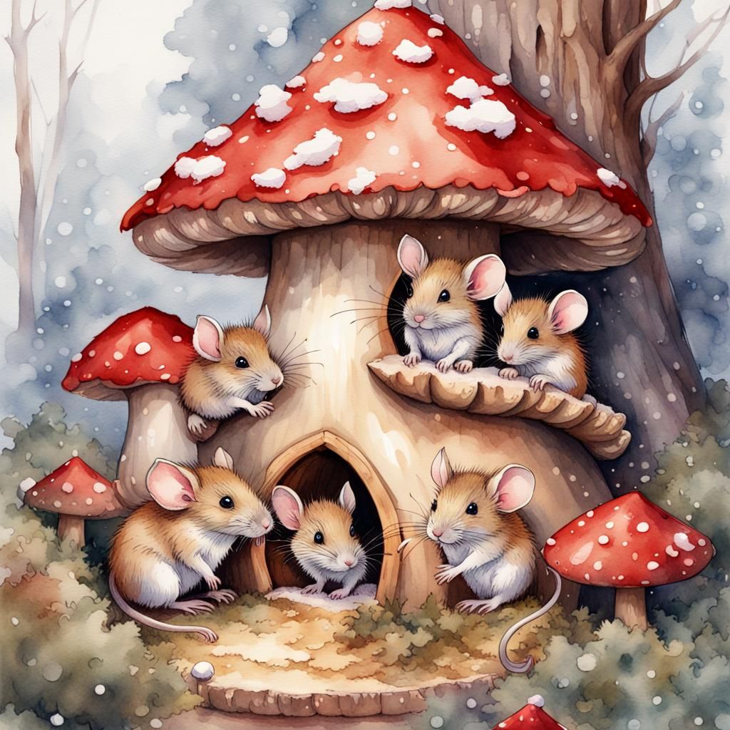Watercolor Mice in Mushroom House Winter Scene