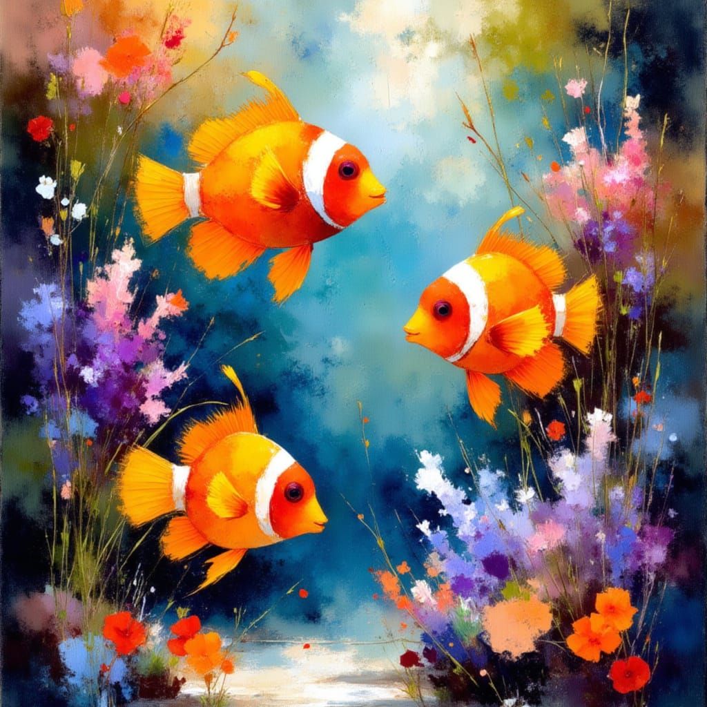 Colorful Lionfish and Clownfish in Watercolor Reef
