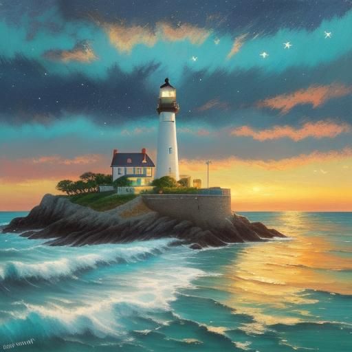 Coastal Lighthouse Dreamscape in Van Gogh Oil Painting Style