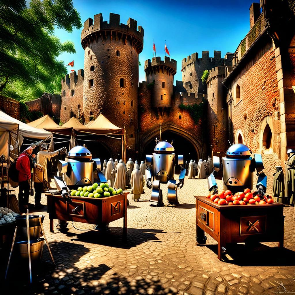 Robots at Medieval Castle Market in Renaissance Style