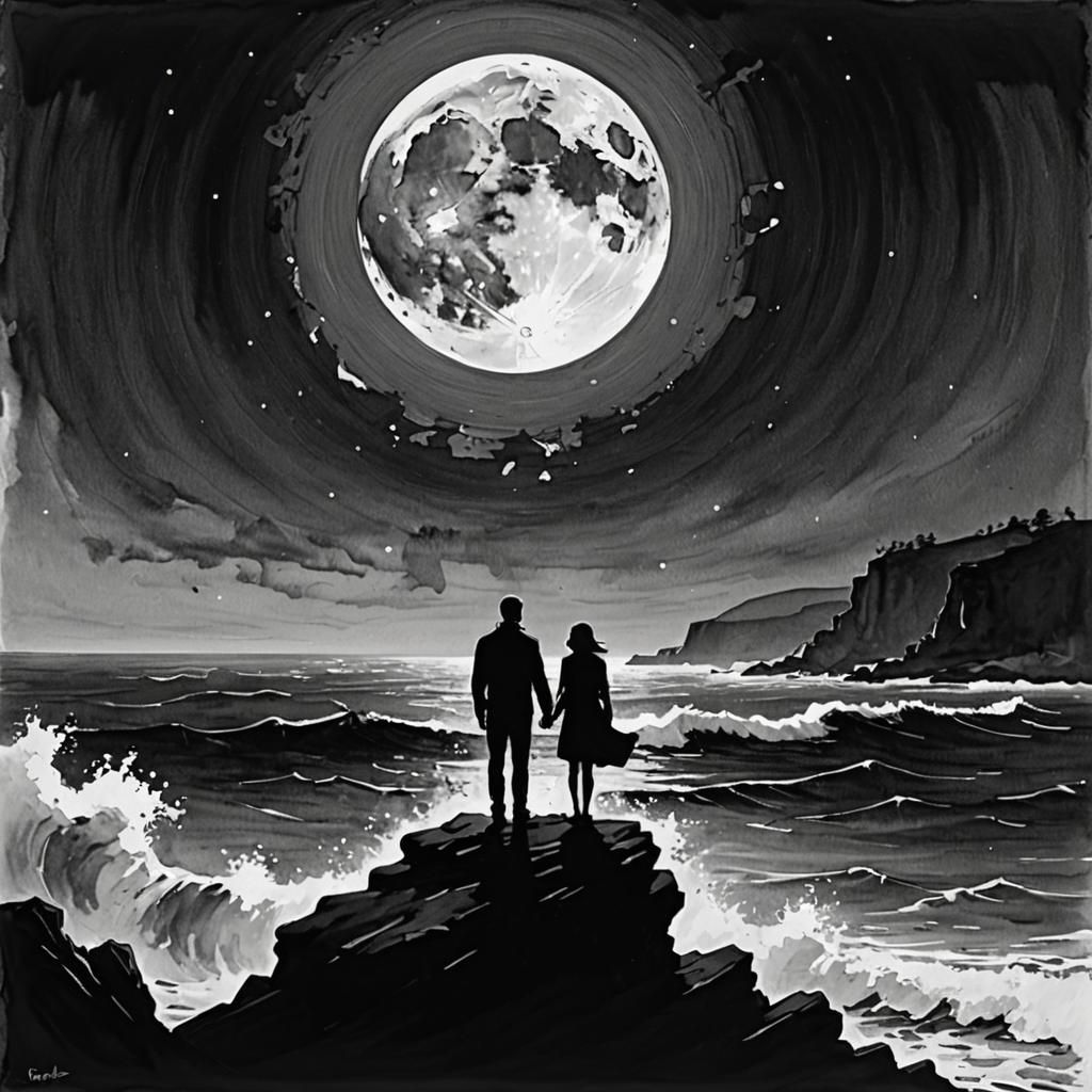 Minimalist Couple Under Moonlight in Silhouette Style