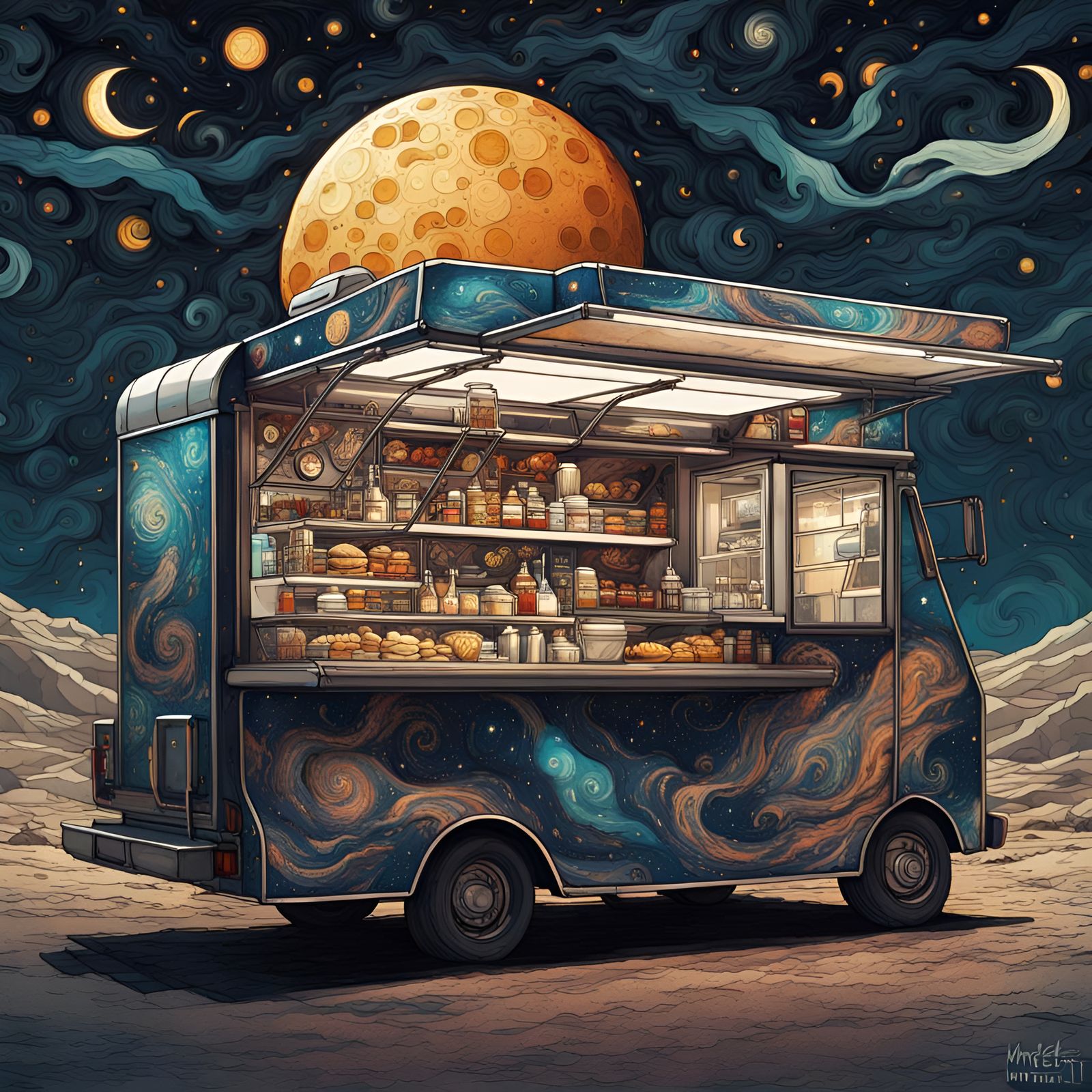 Futuristic Food Truck on the Moon with Steampunk Details