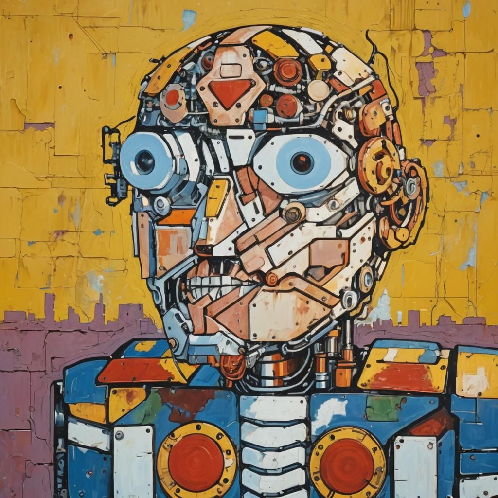 Cyborg Robot in Industrial Landscape with Blue Sky