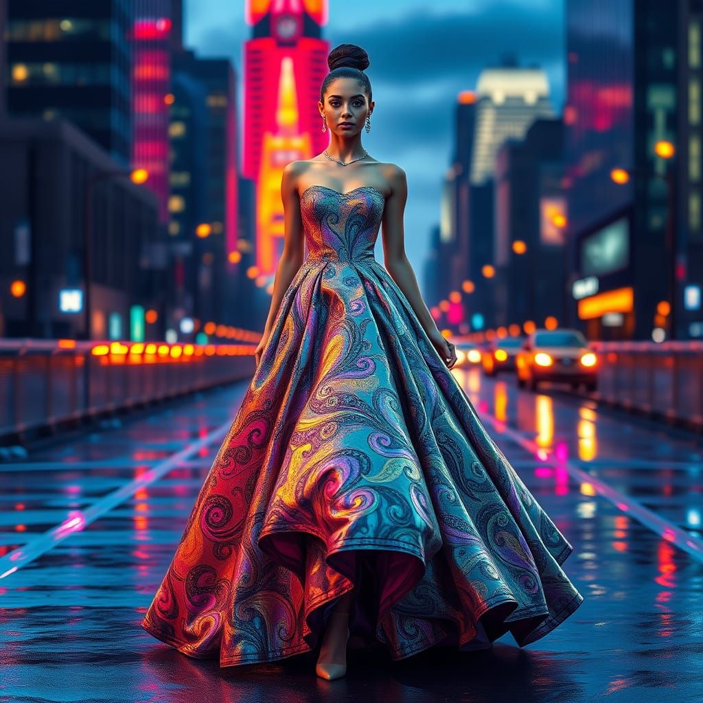 Woman in Ball Gown on Catwalk in Street Art Style