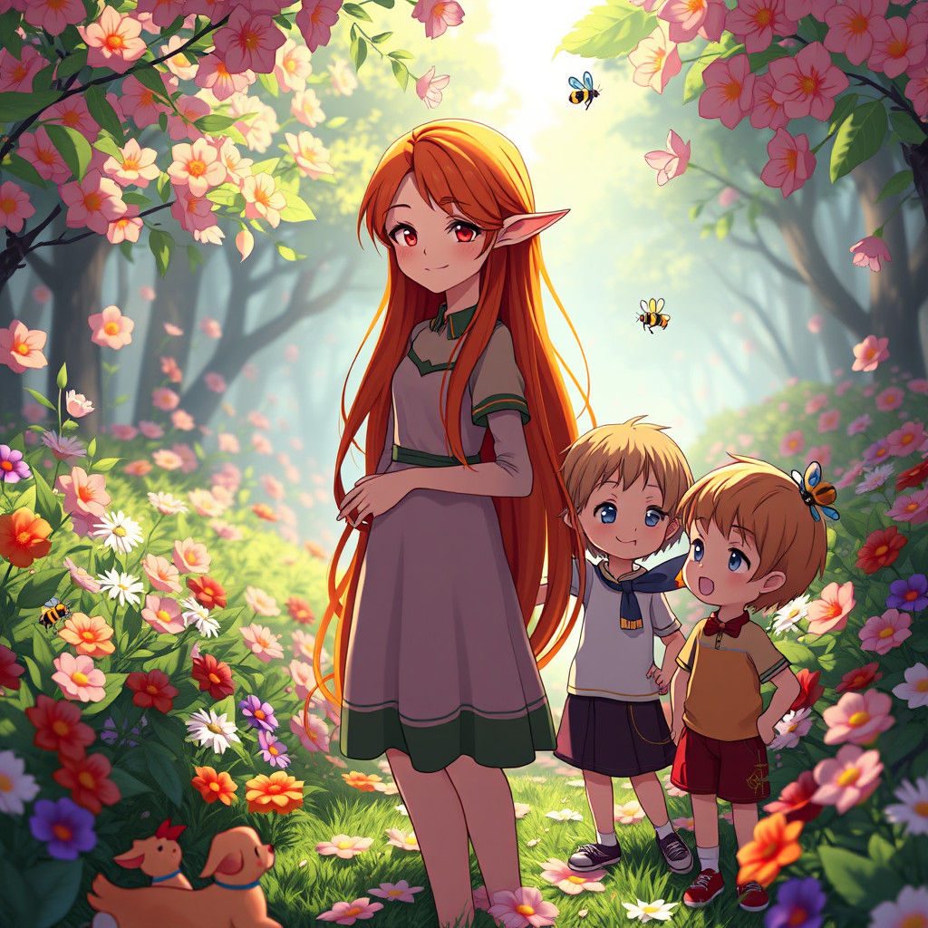 Ginger-Haired Spring Elf with Children in Anime Style