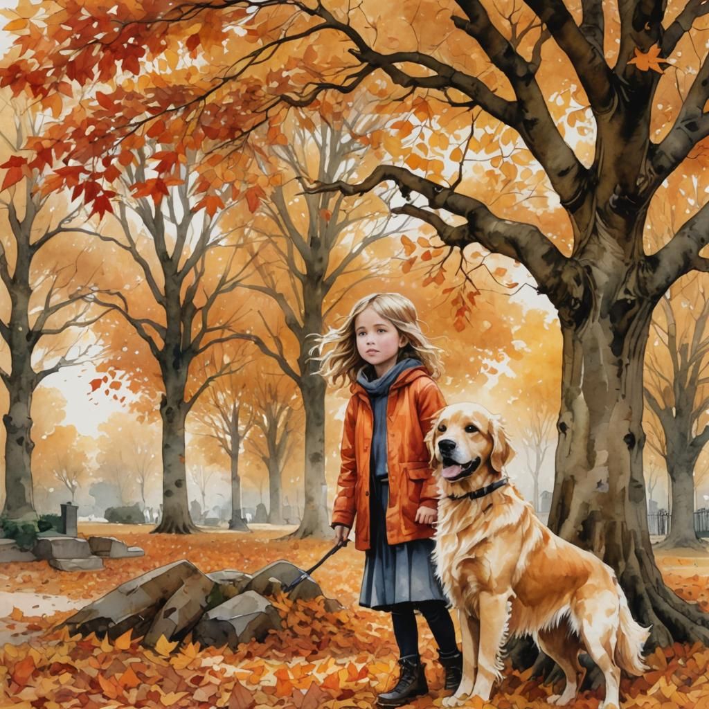 Autumnal Watercolour of Girl with Dog