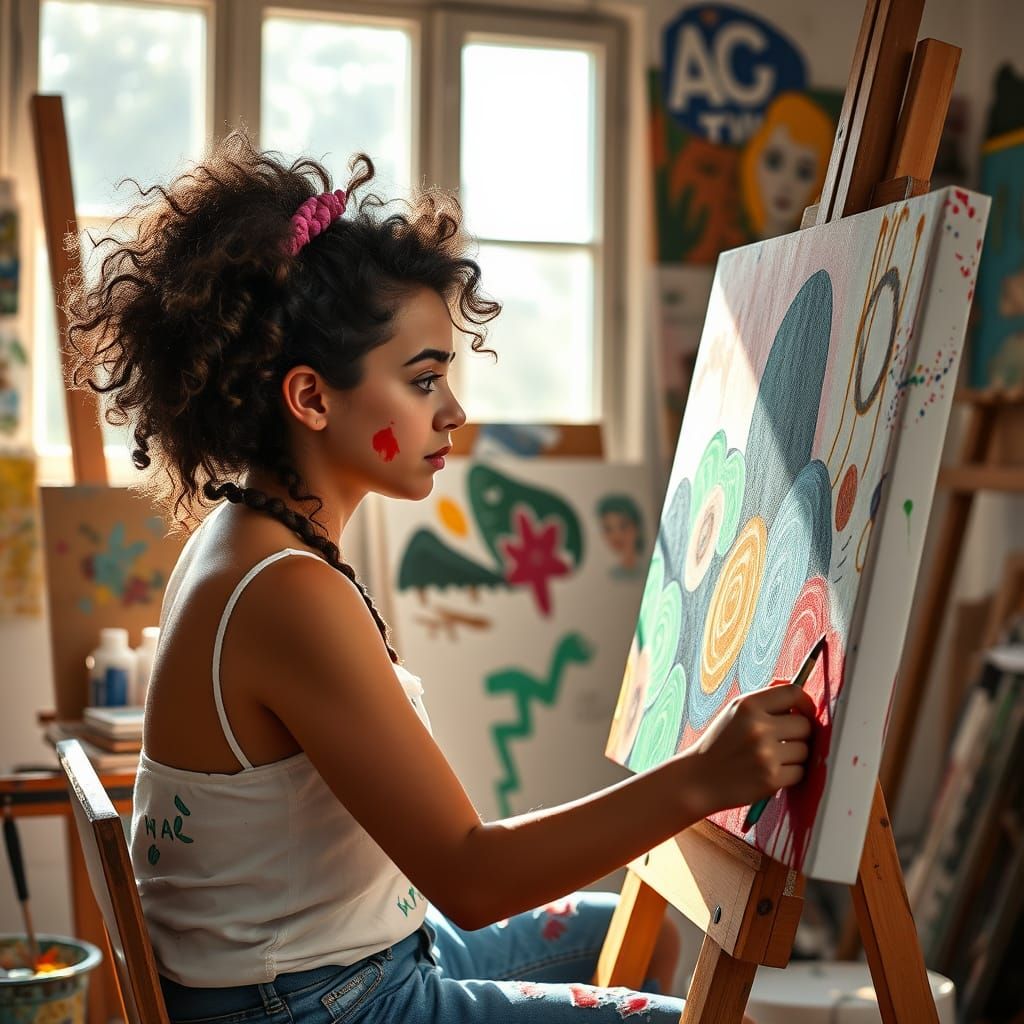 Vibrant Young Artist at Work in a Sunlit Studio