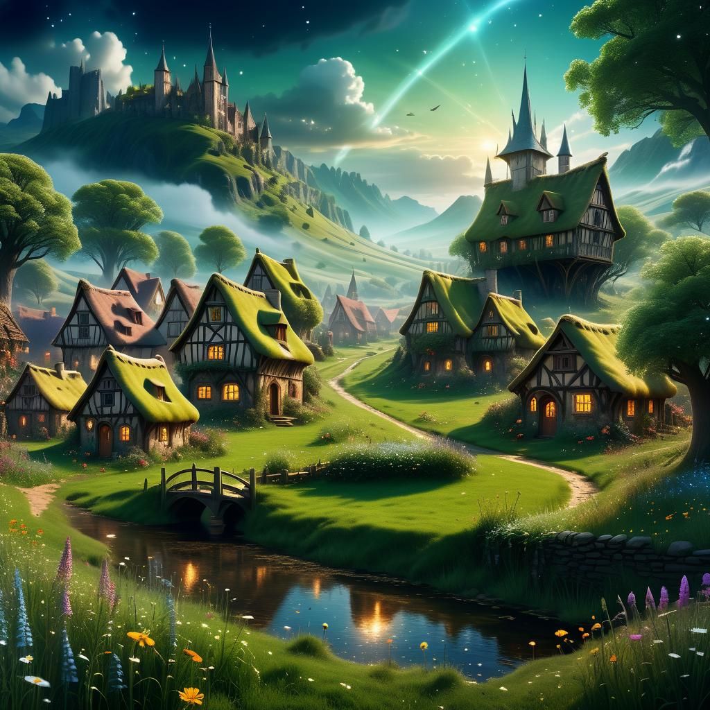 Enchanting Village Meadow with Fairies: Digital Matte Painti...