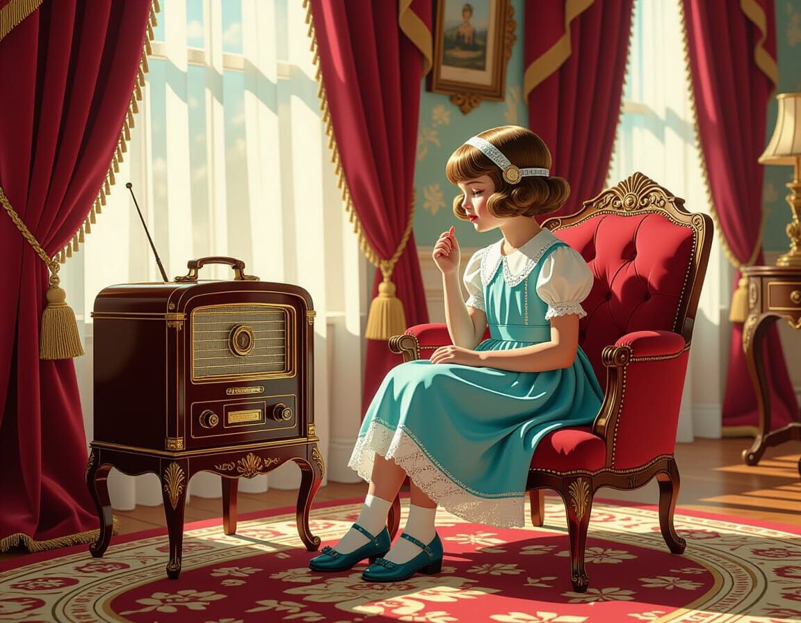 Girl Listening to Radio in 1920s Style